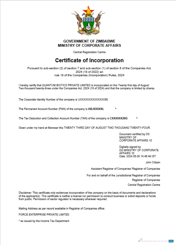 Download Zimbabwe business registration certificate Word and PDF template Photoshop template
